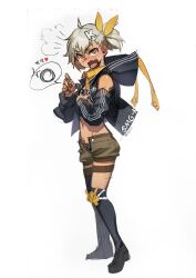  1girl bare_shoulders black_shoes black_thighhighs blush breasts commentary_request girls_frontline grey_hair klin_(girls'_frontline) korean_commentary olys open_mouth ponytail shirt shoes solo standing thigh-highs white_background yellow_eyes yellow_shirt 