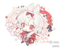  1girl :d artist_request bad_id bad_mihuashi_id black_tabard chibi chibi_only dress full_body hair_ribbon long_sleeves mihuashi_username musical_note open_mouth original piano_keys red_dress red_eyes red_ribbon ribbon short_hair simple_background smile solo standing tabard white_background white_hair 