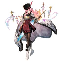  1girl another_eden another_eden_art_team black_hat black_pantyhose boots breasts chain cloak closed_mouth dress elbow_gloves fingerless_gloves flipped_hair full_body gloves hand_up hat head_tilt highres holding holding_sword holding_weapon large_breasts long_hair official_art pantyhose pink_eyes pink_hair reverse_grip shannon_(another_eden) short_dress side_slit sidelocks simple_background smile solo standing sword tachi-e third-party_source transparent_background variant_set weapon white_boots white_cloak 