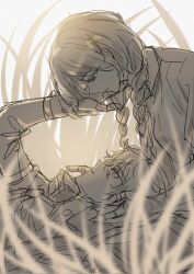  1boy 1girl baixiang1234567 braid closed_mouth commentary_request fate/strange_fake fate_(series) fingerless_gloves gloves highres jacket lap_pillow long_hair looking_at_another monochrome no_name_assassin_(fate) profile short_hair sigma_(fate) sitting smile twin_braids 