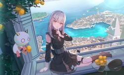  1girl absurdres asumi_sena balcony bird black_dress black_socks blunt_bangs blush braid building cityscape closed_mouth commentary dress finger_to_mouth food fruit full_body hair_ornament hat highres jewelry lemon long_hair looking_at_viewer maria_onnette multiple_tails pink_eyes pink_hair plant ring scenery see-through_clothes see-through_sleeves signature sitting socks solo tail tree two_tails untranslatable_commentary unworn_hat unworn_headwear vspo! water white_hair x_hair_ornament yokozuwari 