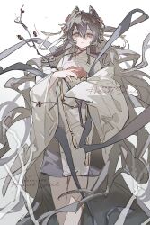  1girl absurdres branch brown_hair chinese_clothes commission flower hair_ornament highres long_hair long_sleeves looking_at_viewer original shi_dan shorts solo very_long_hair white_background 