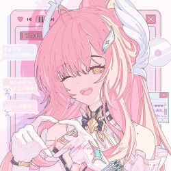  1girl absurdres aemeath_(wuthering_waves) ahoge bare_shoulders commentary_request four-finger_heart_hands gloves hair_ornament heart heart_hands highres long_hair mole mole_on_shoulder one_eye_closed open_mouth orange_eyes pink_hair ruogong_qingyue solo star-shaped_pupils star_(symbol) symbol-shaped_pupils teeth upper_body upper_teeth_only white_gloves wing_hair_ornament wuthering_waves 