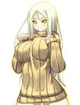  1girl blush breasts glowing glowing_eyes highres kantai_collection large_breasts long_hair looking_at_viewer naked_sweater personification ribbed_sweater shiki_(psychedelic_g2) shinkaisei-kan silver_hair simple_background smile solo sweater ta-class_battleship turtleneck turtleneck_sweater white_background yellow_eyes 