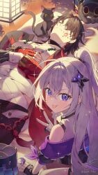  1boy 1girl alternate_eye_color animalization bandaged_chest bandaged_hand bandages binato_lulu black_cat black_gloves black_hair black_jacket blade_(honkai:_star_rail) blade_(sesame_cake)_(honkai:_star_rail) bra_strap cake_cat_(honkai:_star_rail) cat closed_eyes closed_mouth colored_inner_hair commentary_request facepaint fingerless_gloves gloves grey_hair hair_ornament hand_on_own_chest head_on_pillow highres honkai:_star_rail honkai_(series) jacket lantern long_hair looking_at_viewer lying mortenax_blade_(honkai:_star_rail) multicolored_hair official_alternate_costume on_back person_and_animalization pillow red_hair shirt signature silver_wolf_(gateau_gamer)_(honkai:_star_rail) silver_wolf_(honkai:_star_rail) silver_wolf_(lv.999)_(honkai:_star_rail) sitting sleeping tongue tongue_out twitter_username v very_long_hair violet_eyes white_shirt 