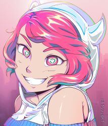  1girl artist_name bluesky_username derpixon gradient_background green_eyes hair_flowing_over heart heart-shaped_pupils heart_ribbon highres hood hooded_dress newgrounds_username original pixen_(derpixon) pixiv_username portrait short_hair smile solo sweater symbol-shaped_pupils twitter_username 