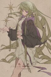  1girl absurdres black_jacket commission dress feet_out_of_frame flat_color green_hair hairband highres jacket long_hair long_sleeves orb original pointy_ears shi_dan simple_background solo sparkle very_long_hair violet_eyes white_dress 