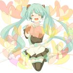  1girl aqua_hair closed_eyes detached_sleeves hatsune_miku headset heart long_hair necktie open_mouth smile solo thighhighs twintails vocaloid 