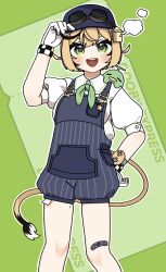  1girl :d ahoge bandaid black_hair blonde_hair blue_overalls dooby eahy_yuki gloves green_background green_eyes highres indie_virtual_youtuber jerboa_tail looking_at_viewer multicolored_hair open_mouth overalls shirt short_hair smile solo streaked_hair tail virtual_youtuber white_gloves white_shirt 