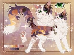  :3 absurdres animal animal_focus branch calico_(pattern) calico_cat cat color_guide commission fluffy full_body green_eyes hair_ornament highres looking_at_viewer mihuashi_commission multiple_views no_humans original pawpads pinecone presoy tail tail_ornament too_many_watermarks very_long_tail warm_colors warrior_cats watermark 