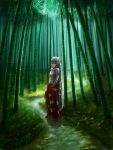  1girl artist_request bamboo bamboo_forest bow forest fujiwara_no_mokou hair_bow hair_ribbon long_hair nature pants red_eyes ribbon silver_hair solo suspenders touhou very_long_hair 
