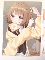 1girl absurdres blush brown_hair collared_shirt commentary_request eno_nuo food_in_mouth hair_intakes hair_rings highres hood indoors jacket long_sleeves multicolored_hair necktie sendo_yuuhi shirt short_hair single_hair_ring skirt smile solo streaked_hair virtual_youtuber vspo! yellow_jacket 