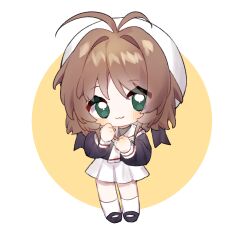  1girl :3 antenna_hair black_shirt black_shoes blush brown_hair cardcaptor_sakura chibi chibi_only closed_mouth commentary full_body green_eyes hair_intakes hat kinomoto_sakura kneehighs long_sleeves looking_at_viewer necktie pleated_skirt roro_(lolo) sailor_collar school_uniform shirt shoes short_hair skirt smile socks solo standing tomoeda_elementary_school_uniform untranslatable_commentary white_hat white_necktie white_sailor_collar white_skirt white_socks 