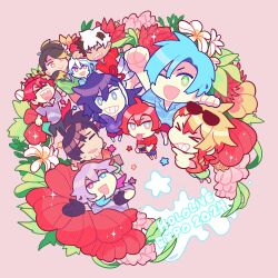  axel_syrios banzoin_hakka chibi crimzon_ruze flower gavis_bettel goldbullet highres holoarmis holostars holostars_english holotempus josuiji_shinri jurard_t_rexford machina_x_flayon male_focus multiple_boys octavio pink_background raienn red_flower regis_altare smile virtual_youtuber 