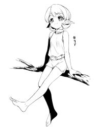 1girl barefoot branch breasts character_name commentary_request full_body greyscale hamao highres kokiri looking_to_the_side monochrome pointy_ears saria_(zelda) short_hair shorts sitting small_breasts smile solo the_legend_of_zelda the_legend_of_zelda:_ocarina_of_time toes translated 