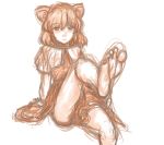  1girl animal_ears arm_support barefoot blush capelet feet kuro_suto_sukii leg_up looking_at_viewer monochrome mouse_ears nazrin short_hair simple_background sitting sketch soles solo touhou 