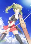  1girl absurdres arrow blue_sky bow_(weapon) clouds fang green_eyes green_hair highres kantai_collection open_mouth pen-zin personification puffy_sleeves shirt short_sleeves skirt sky solo thighhighs twintails weapon wrist_cuffs zuikaku_(kantai_collection) 
