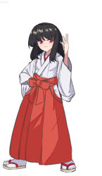  alternate_costume black_hair bow closed_mouth clothing_cutout commentary_request detached_sleeves embodiment_of_scarlet_devil full_body hair_bow hair_tubes hakama hakama_pants hakurei_reimu hand_on_own_hip hip_vent japanese_clothes kimono long_sleeves medium_hair mikage_tsuki miko pants red_bow red_eyes red_hakama red_pants sandals serious sidelocks simple_background standing tabi touhou white_background white_kimono wide_sleeves zouri 
