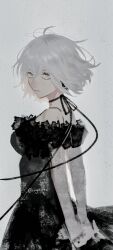  1girl ahoge arms_behind_back artist_name bare_shoulders black_choker black_dress choker commentary dress earrings english_commentary fate/grand_order fate_(series) from_side fur_trim gloves grey_hair hair_between_eyes highres jeanne_d'arc_alter_(fate) jewelry looking_at_viewer looking_to_the_side ringo_1046 short_hair simple_background solo twitter_username upper_body white_background white_hair 