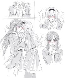  ... 2girls blush bow bowtie chinese_text closed_eyes greyscale hairband highres kiss monochrome multiple_girls nirvana_(w688348960) open_mouth pleated_skirt saijo_claudine school_uniform seisho_music_academy_school_uniform shoujo_kageki_revue_starlight shouting skirt speech_bubble spoken_ellipsis spot_color tendo_maya thigh-highs translation_request yuri 