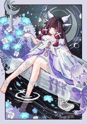  1girl :o absurdres bare_shoulders black_hair blue_flower bow chinese_commentary columbina_(genshin_impact) commentary_request dress eye_mask flower genshin_impact hair_ornament halo halo_behind_head head_wings highres holding leg_ribbon long_hair long_sidelocks luonnotar_(genshin_impact) mask moon_phases multicolored_hair purple_bow purple_dress purple_hair purple_streaks ribbon sidelocks sitting soaking_feet solo streaked_hair two-tone_dress water white_dress white_flower white_mask white_wings wings wrist_bow xhs_yexu 