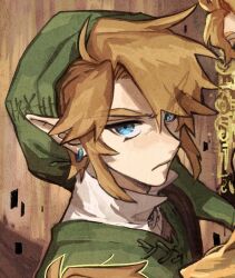  1boy angry blonde_hair blue_eyes closed_mouth commentary_request earrings green_hat green_tunic hat highres isa-415810 jewelry korean_commentary light_blush link looking_at_viewer male_focus pointy_ears shirt short_hair simple_background solo the_legend_of_zelda tunic white_shirt 