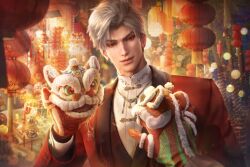  1boy 3d blurry brown_eyes chinese_clothes chinese_new_year closed_mouth dragon eastern_dragon fireworks game_asset highres holding holding_mask jacket jewelry lantern lips long_sleeves looking_at_viewer love_and_deepspace male_focus mask necklace new_year non-web_source official_art paper_lantern red_eyes red_jacket self-datamine shirt short_hair smile solo sylus_(love_and_deepspace) upper_body white_hair 
