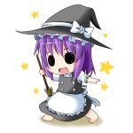  1girl blush_stickers broom chibi cosplay hat ichimi kirisame_marisa kirisame_marisa_(cosplay) looking_at_viewer nagae_iku open_mouth outstretched_arms purple_hair short_hair skirt smile solid_circle_eyes solo star touhou 