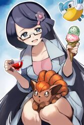  0ldd0r0thy 1girl bare_legs black_hair blue_eyes breasts closed_lab_coat collarbone commentary_request cup fennel_(pokemon) glasses highres holding holding_cup holding_ice_cream_cone ice_cream_cone lab_coat long_hair medium_breasts pelipper pokemon pokemon_black_and_white purple_hair semi-rimless_eyewear sleeves_rolled_up smile squatting swept_bangs vulpix 