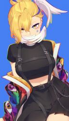  1girl asymmetrical_hair belt black_shirt black_skirt blush chain commentary commission covered_mouth crop_top english_commentary facial_tattoo harness head_wings highres jacket looking_at_viewer multicolored_jacket navel neck_wings open_clothes open_jacket original popsi shirt skirt solo star_(symbol) stomach strap tattoo thighs vgen_commission white_wings wings 