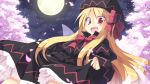  1girl blonde_hair bow cherry_blossoms dress full_moon hair_bow hat lily_black long_hair looking_at_viewer moon open_mouth petals red_eyes satou_kibi solo touhou 