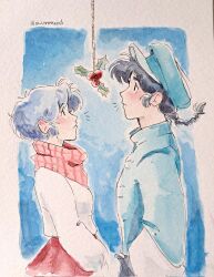  1boy 1girl a_uroraxd black_hair blue_hair blue_hat blush braid closed_mouth commentary_request from_side hat hetero highres looking_at_object mistletoe painting_(medium) plaid_clothes plaid_scarf ranma_1/2 red_scarf red_skirt saotome_ranma saotome_ranma_(male) scarf short_hair single_braid skirt spanish_commentary sweater tendou_akane traditional_media watercolor_(medium) white_sweater 