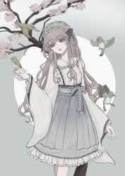  1girl animal bird bow branch commentary flower grey_bow grey_eyes grey_hair grey_neckerchief grey_skirt hair_bow hand_up headdress highres holding holding_animal holding_bird japanese_clothes kimono light_smile long_hair long_sleeves looking_at_animal neckerchief necktie nokoki_(motioko5) original parted_lips plum_blossoms short_necktie skirt solo untranslatable_commentary white_kimono wide_sleeves 