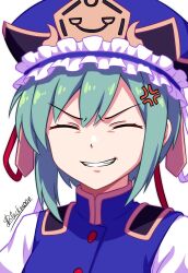  1girl absurdres anger_vein angry blue_hat blue_vest commentary epaulettes facing_viewer false_smile frilled_hat frills green_hair grin hat highres shgngzhngdeyti1 shiki_eiki simple_background smile solo touhou upper_body vest white_background 