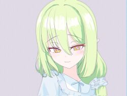  1girl blue_archive blue_nightgown blue_pajamas closed_mouth commentary fang green_hair grey_scrunchie hair_ornament hair_scrunchie highres long_hair looking_at_viewer low_side_ponytail nightgown nozomi_(blue_archive) nozomi_(kujibikido)_(blue_archive) official_alternate_costume pajamas pointy_ears quilt_heron scrunchie side_ponytail simple_background skin_fang solo 