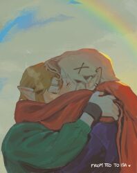  2boys blonde_hair blue_sweater blush closed_eyes commentary contemporary english_commentary english_text green_sweater highres hug link long_sidelocks multiple_boys oc_x_canon original pointy_ears pyonteo rainbow red_scarf scarf second-party_source sidelocks sky sweater the_legend_of_zelda the_legend_of_zelda:_twilight_princess 