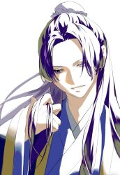  1boy 333takoyaki absurdres bun_cover chinese_clothes commentary half_updo hanfu highres jinshi_(kusuriya_no_hitorigoto) kusuriya_no_hitorigoto long_sleeves male_focus parted_lips purple_hair sidelocks simple_background solo violet_eyes white_background 