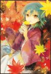  1boy autumn_leaves blue_hair inazuma_eleven_(series) inazuma_eleven_go japanese_clothes kariya_masaki male solo yellow_eyes yuhazu_(rhe-rhe) 