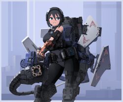  1girl absurdres ammunition_belt black_hair black_leggings blue_eyes cqcnorthfish explosive gatling_gun grenade headphones highres leggings mecha_musume mechanical_arms mechanical_legs minigun original shield shield_module smile 