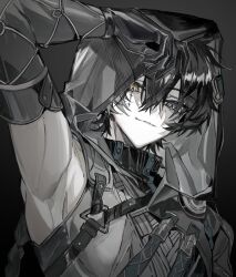  1boy absurdres arm_up blue_eyes closed_mouth commentary detached_sleeves gloves greyscale hair_between_eyes heterochromia highres hood hood_up jingran_(wuthering_waves) looking_at_viewer male_focus monochrome nienieeel simple_background single_detached_sleeve solo spot_color tacet_mark_(wuthering_waves) upper_body wuthering_waves yellow_eyes 