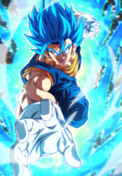  1boy aura blue_eyes blue_hair blue_pants blue_shirt dragon_ball dragon_ball_super earrings gloves jewelry looking_at_viewer open_mouth pants potara_earrings rom_(20) saiyan shirt solo spiky_hair super_saiyan super_saiyan_blue undershirt vegetto white_gloves 