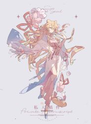 1girl absurdres animal_ears blonde_hair commission flat_color flower full_body highres long_hair long_sleeves looking_at_viewer original ribbon shi_dan solo tachi-e tail very_long_hair 