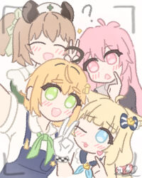  4girls ? absurdres ahoge animal_ear_fluff animal_ears antenna_hair ascot black_sleeves blonde_hair blue_eyes blue_overalls blue_sailor_collar blunt_bangs blush bow brown_hair cat_ears dooby dress english_commentary finger_heart finger_to_cheek frilled_sailor_collar frills furrowed_brow green_ascot green_dress green_eyes green_ribbon group_picture hair_bow hair_ribbon hat heart highres indie_virtual_youtuber lifebuoy_hair_ornament long_hair multiple_girls mumble_(shachimu) nimi_nightmare nurse_cap oishiimilk one_eye_closed one_side_up overalls pink_eyes pink_hair ribbon sailor_collar sailor_dress sameko_saba shirt sparkle star_ornament sweater tapir_ears tapir_girl teeth tongue tongue_out triangle_mouth turtleneck turtleneck_sweater two-tone_sweater upper_teeth_only v viewfinder white_shirt 