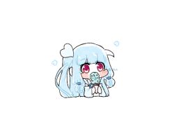  1girl blue_hair blunt_bangs blush_stickers chibi chibi_only commentary cropped_torso eating food hair_ribbon holding holding_food holding_ice_cream ice_cream kamidate_funo kotonoha_aoi long_hair red_eyes ribbon simple_background solo voiceroid white_background 