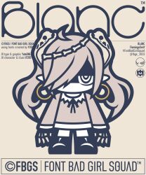  1girl absurdres ahoge artist_name blanc_(fbgs) bone_hair_ornament character_name chibi chibi_only copyright_name earrings english_commentary font_bad_girl_squad full_body grey_hair grey_shirt hair_ornament hair_over_one_eye highres hoop_earrings ito_to_0427 jewelry long_hair long_sleeves neck_ribbon no_mouth official_art pointy_ears ribbon second-party_source shirt simple_background skeleton_hands skull_hair_ornament solo standing thick_lineart twintails white_background white_eyes 