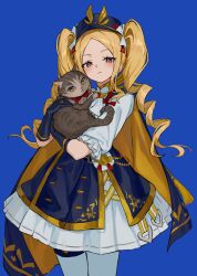  1girl :< absurdres animal blonde_hair blue_background blue_cape blue_hat blush cape cat character_request closed_mouth commentary_request cowboy_shot dress drill_hair frilled_sleeves frills hat highres holding holding_animal holding_cat long_hair looking_at_viewer pink_eyes shadowverse shiro_wa_(shiroshironix) short_dress short_sleeves simple_background solo twin_drills white_dress 