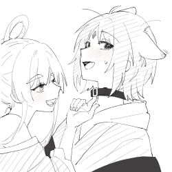  2girls animal_ears blush cho_kaguya-hime! choker commentary_request fang forehead_jewel fox_ears greyscale hair_rings hood hoodie monochrome multiple_girls off_shoulder open_mouth runami_yachiyo runami_yachiyo_(tsukuyomi) sakayori_iroha sakayori_iroha_(tsukuyomi) smile spot_color sweatdrop syunka_11 thick_eyebrows yuri 