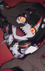  1girl ahoge artist_name bare_shoulders black_choker black_hair black_sweater choker colored_extremities cracked_skin extra_pupils fingernails headphones headphones_around_neck kotetsu_080 long_fingernails long_sleeves looking_at_viewer mahou_shoujo_no_majo_saiban multicolored_hair off-shoulder_sweater off_shoulder ok_sign ok_sign_over_eye open_mouth orange_eyes red_background sawatari_coco sharp_teeth shirt short_hair signature simple_background single_bare_shoulder slit_pupils solo spoilers streaked_hair sweater teeth tongue white_shirt witch_(manosaba) 