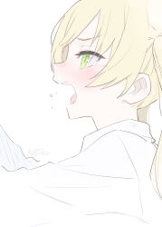  1girl artist_name blonde_hair collared_shirt commentary_request from_side green_eyes kotetsu_080 long_hair long_sleeves mahou_shoujo_no_majo_saiban open_mouth portrait shirt signature simple_background solo tears tono_hanna twintails white_background white_shirt 