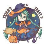  1girl aqua_hair broom cape cat chibi elbow_gloves gloves green_eyes halloween hat hatsune_miku jack-o&#039;-lantern long_hair sanau_yuu skirt smile solo star thighhighs twintails very_long_hair vocaloid wink witch witch_hat 